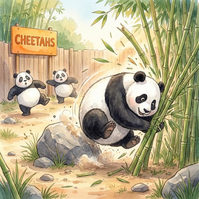 Illustrated panda bursting through bamboo, startling two younger pandas near a zoo enclosure sign