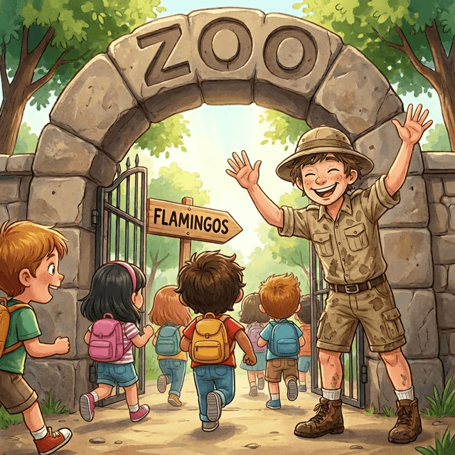 Illustrated zookeeper welcoming a group of children through the zoo gates toward the flamingo enclosure