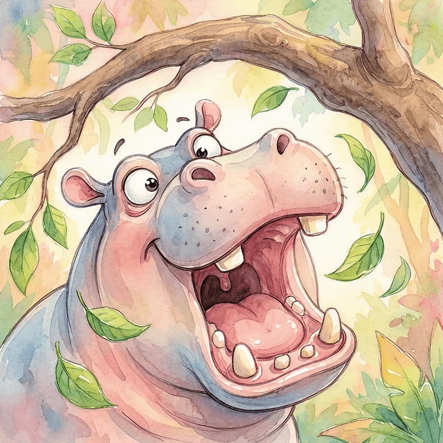 Illustrated hippo laughing with its mouth wide open under a leafy tree branch
