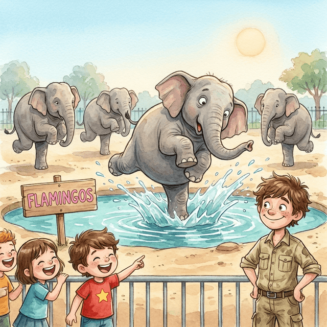 Illustrated elephant splashing in a zoo pool while children and a zookeeper watch and cheer
